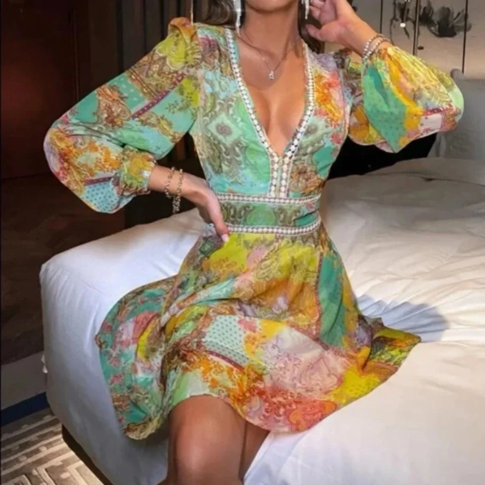 Boho Floral Paisley Print  A-line V Neck Dress